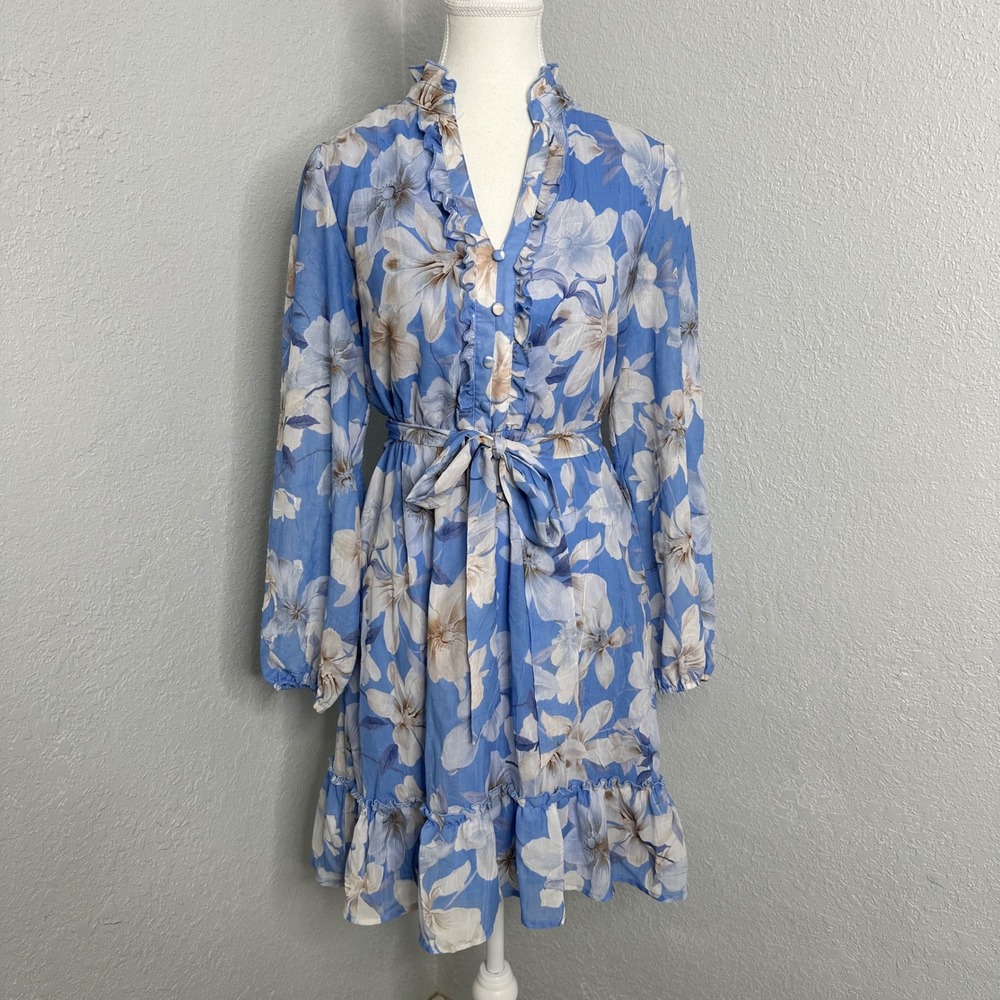 Joie Blue Skies Floral Long Sleeve Ruffle Knee Length Dress Women's small‎